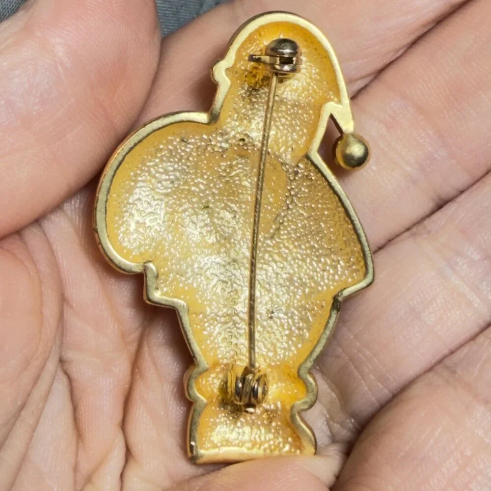 Santa Brooch Rhinestone Enamel Christmas Pin Gold Tone 2”